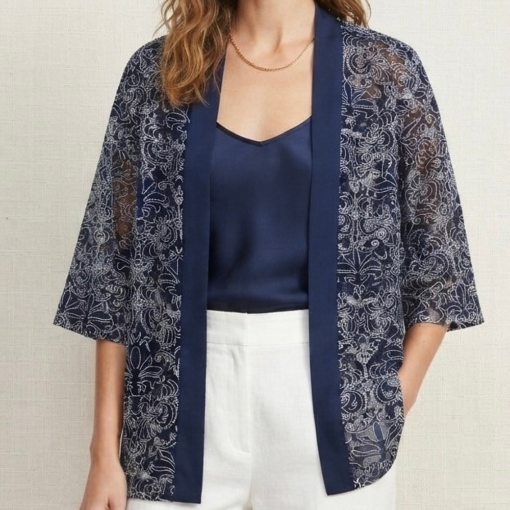 Notations Navy Blue White Burnout Sheer Damask Kimono Cardigan Womens Small Lace